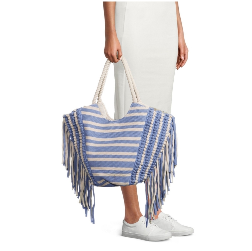 Time AND Tru Women's Fringe Woven Tote Bag Blue/Natural